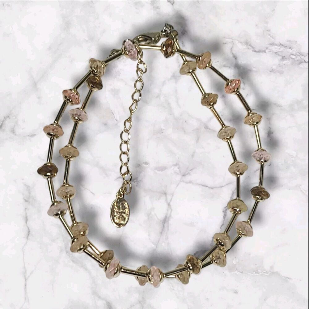 Carolina Herrera Gold Tone Pink Champagne & Amber Crystal Bead Station Necklace